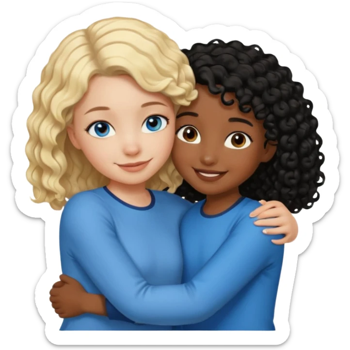Girl best friends, one white with blond bob and blue eyes, one shorter black girl with long black curly hair, hugging sticker
