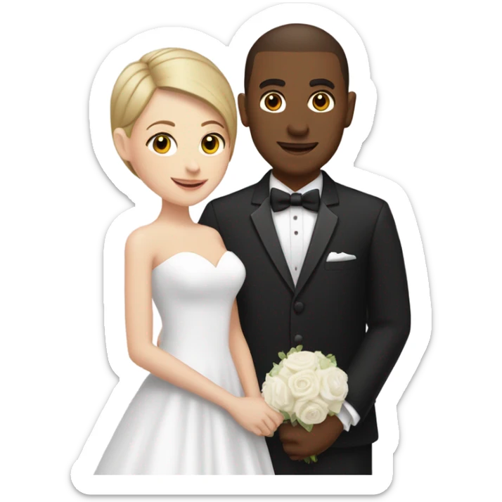 a white girl in a wedding dress with highlights in her short hair and a dark brown guy in a tux with a buzz cut  sticker