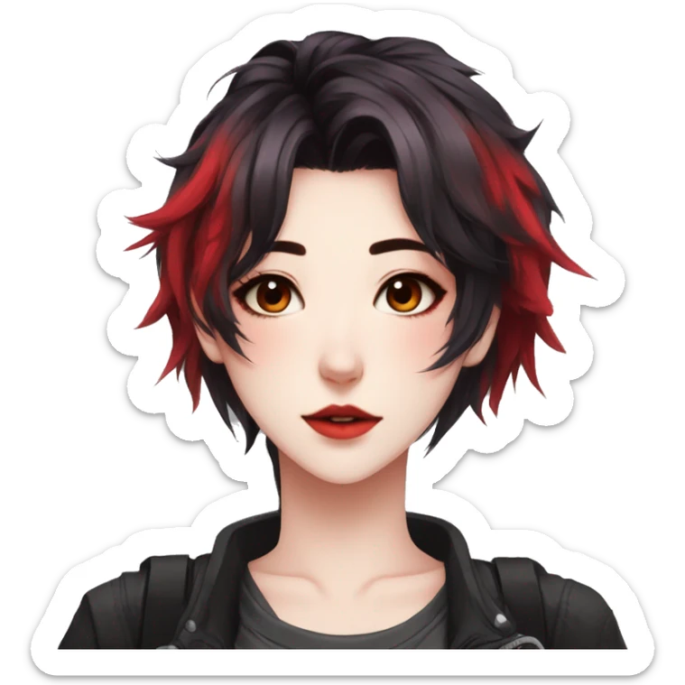 Gorgeous anime style tomboy-lady with blushing face aesthetic and pretty edgy black red punk hair with hair garment trending style sticker