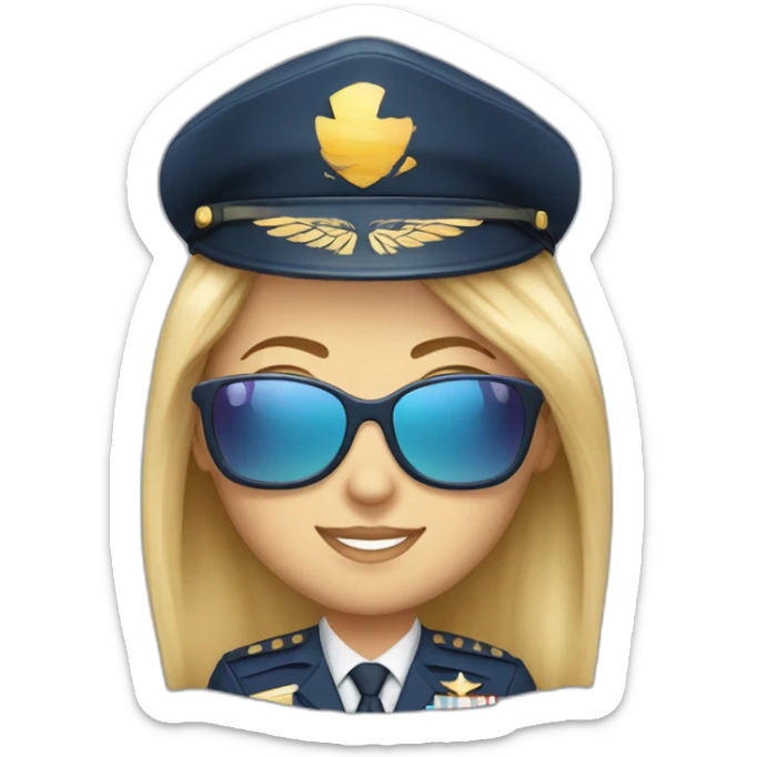 young long blonde hair caucasian female airplane Captain with sun glasses and Captain cap sticker