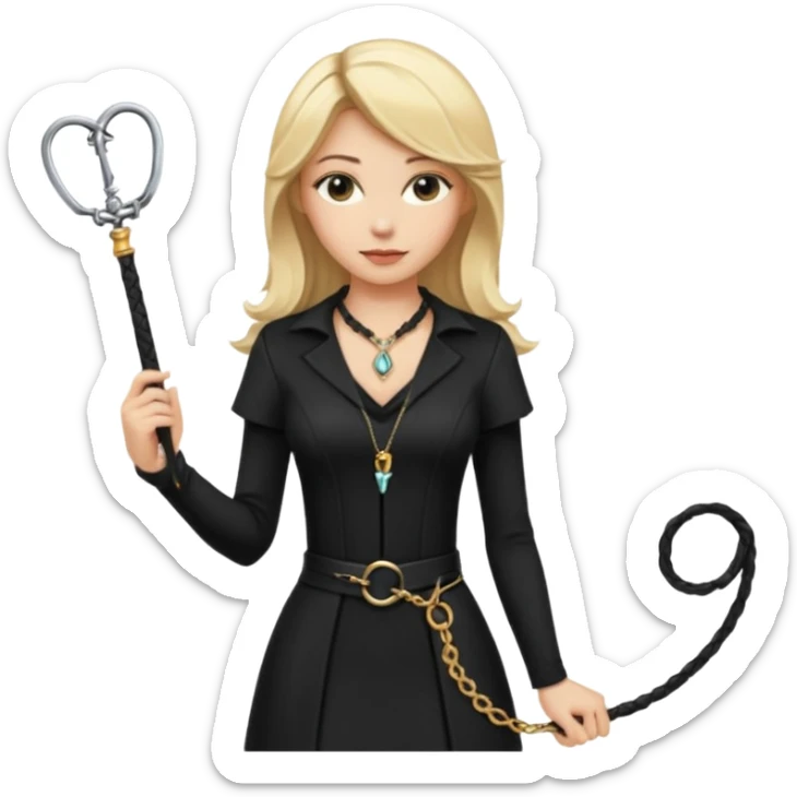 Dominatrix with blonde hair, black outfit, long key necklace, and a whip sticker