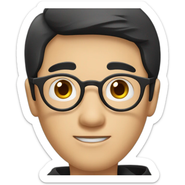 A mature Chinese boy with black hair and circle-shaped eyeglasses wearing black hoodie and ✌️ shaped hands sticker