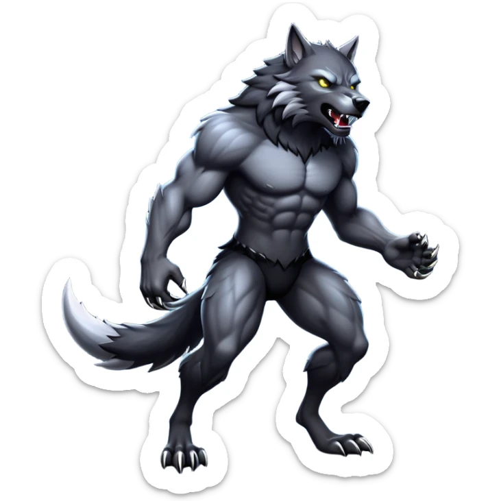 cinematic-noble-fierce-werewolf-full body-emoji, poised-and-imposing, with a tall, slender, muscular frame, fur rippling in shades of midnight black and silver, eyes glowing with an intense, primal ferocity, reflecting the untamed power of the wild moonlit night; rendered with realism sticker