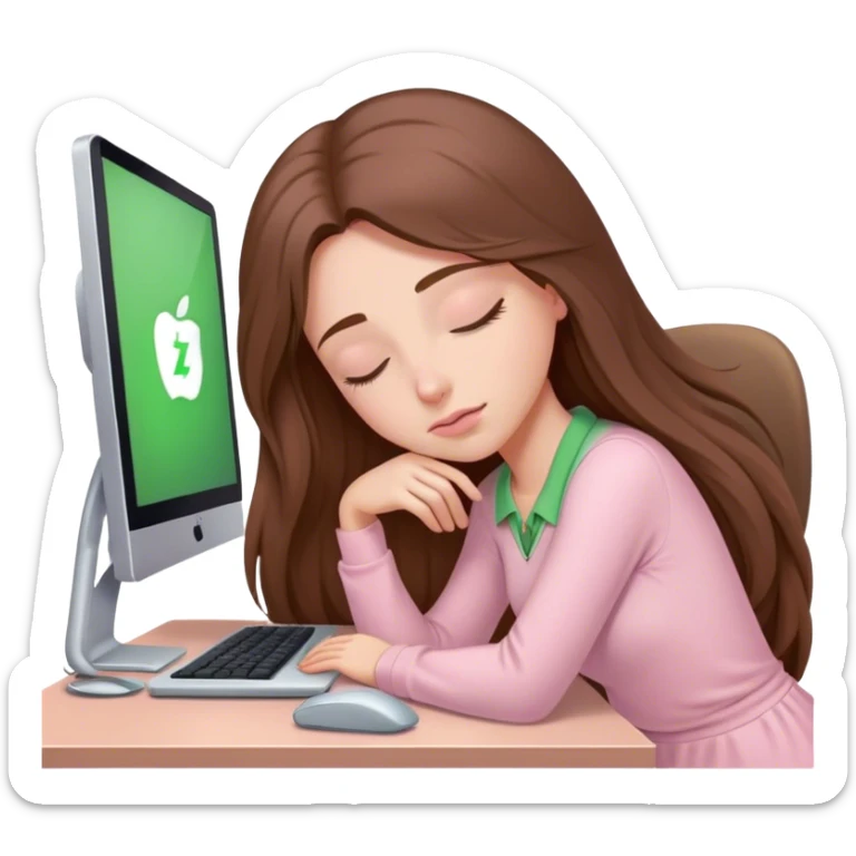 pretty woman with very long brown hair and green eyes and light pink outfit sleeping working on a computer sticker