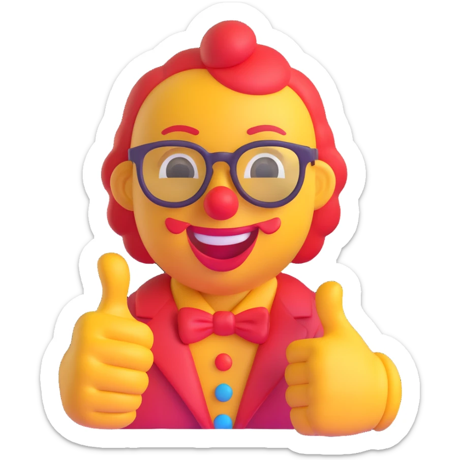 AI emoji with a smirk, wearing a clown nose and oversized glasses, giving a funny thumbs up to friends, comedic and cheerful sticker
