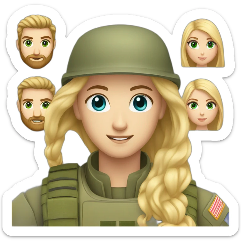 military blonde man with beard, blue eyes with girl who has long light-brown hair and green-grey eyes sticker