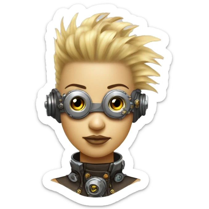 Light yellow Mohawk hair female cyborg head, tan skin, steampunk goggles and circuits sticker