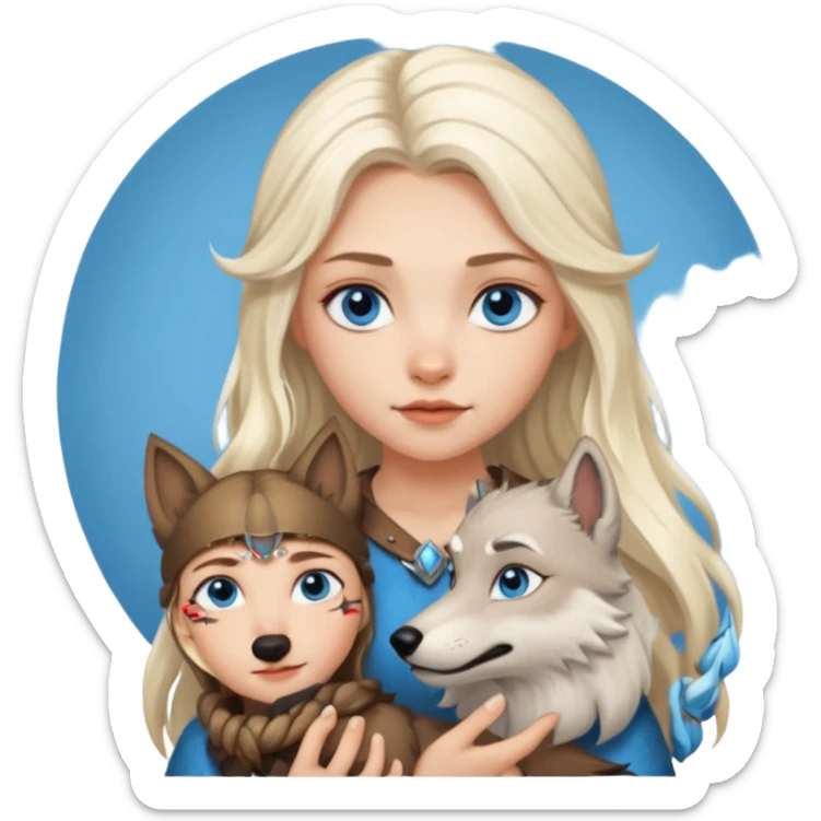 Viking platinum blonde girl with long hair, forelocks and blue eyes. Wolf pet sticker
