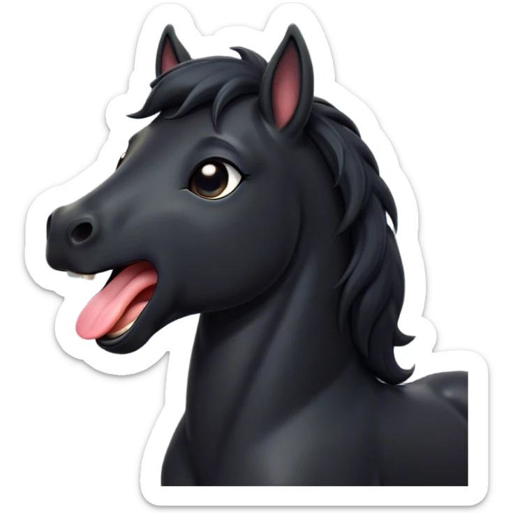 Cinematic Cute Yawning Black Horse Portrait Emoji, Head tilted slightly with a dramatic, wide-open yawn, revealing a soft, sleek black fur with a subtle shimmer, floppy ears slightly drooping, round dark eyes barely open in drowsy contentment, Simplified yet irresistibly adorable features, highly detailed, glowing with a soft, cozy glow, high shine, relaxed yet expressive, stylized with a touch of whimsy, bright and endearing, soft glowing outline, capturing the essence of a sleepy yet affectionate horse, so drowsy it feels like it could stretch out of the screen and curl up for a nap! sticker