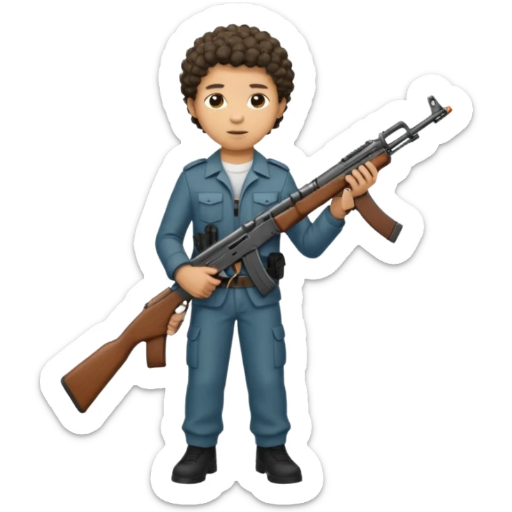 AK47 in hand, light skin male with short curly hair with a lineup  sticker