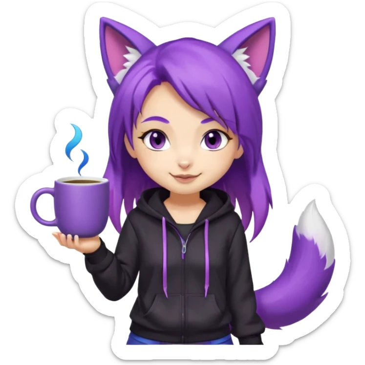 chibi fox girl with purple hair , purple fox ears, purple fox tail, black hoodie, blue eyes with head phones around her neck and white shorts, generate her looking smug holding a large coffee cup sticker