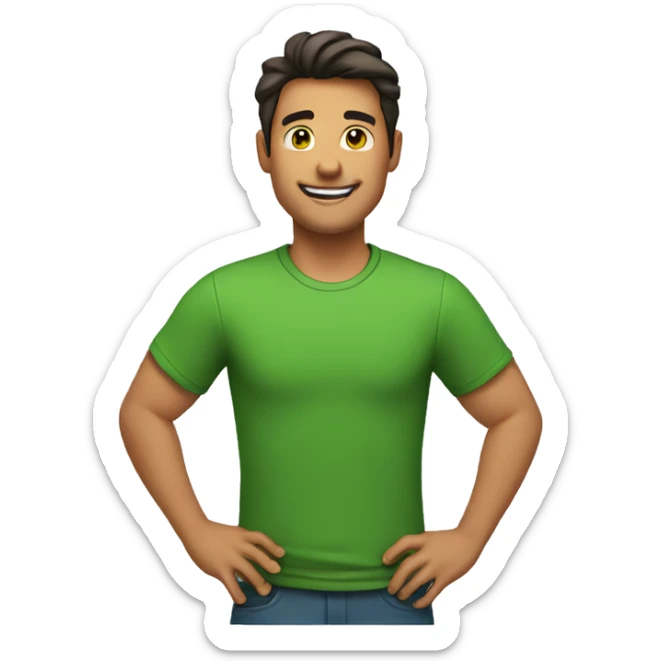 A man wearing a green t-shirt, smiles and puts his hand on his chest sticker