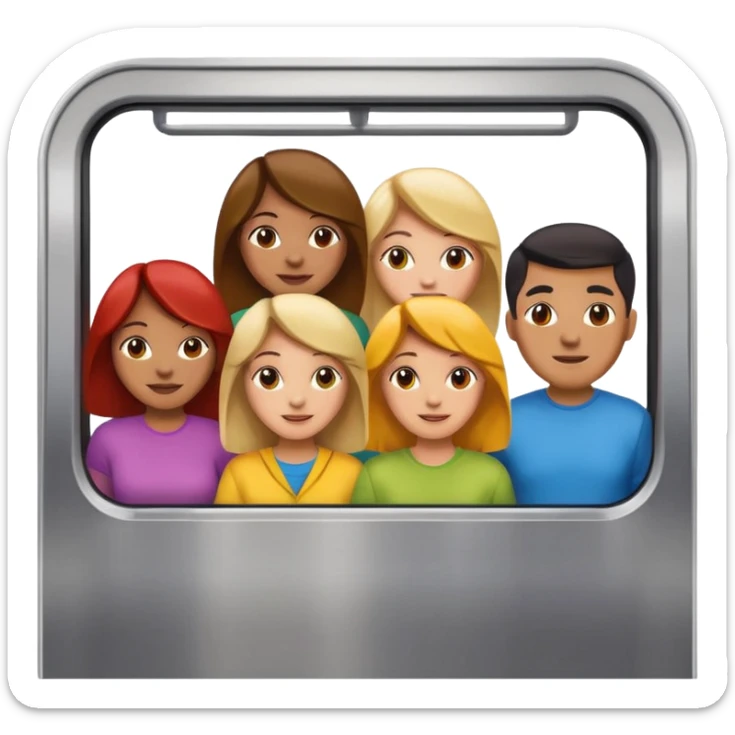 five happy people, mix of women and men, close with each other, inside a subway car resembling Apple emoji subway with colorful exterior, wearing t-shirt style clothes in different light colors, Apple emoji style sticker