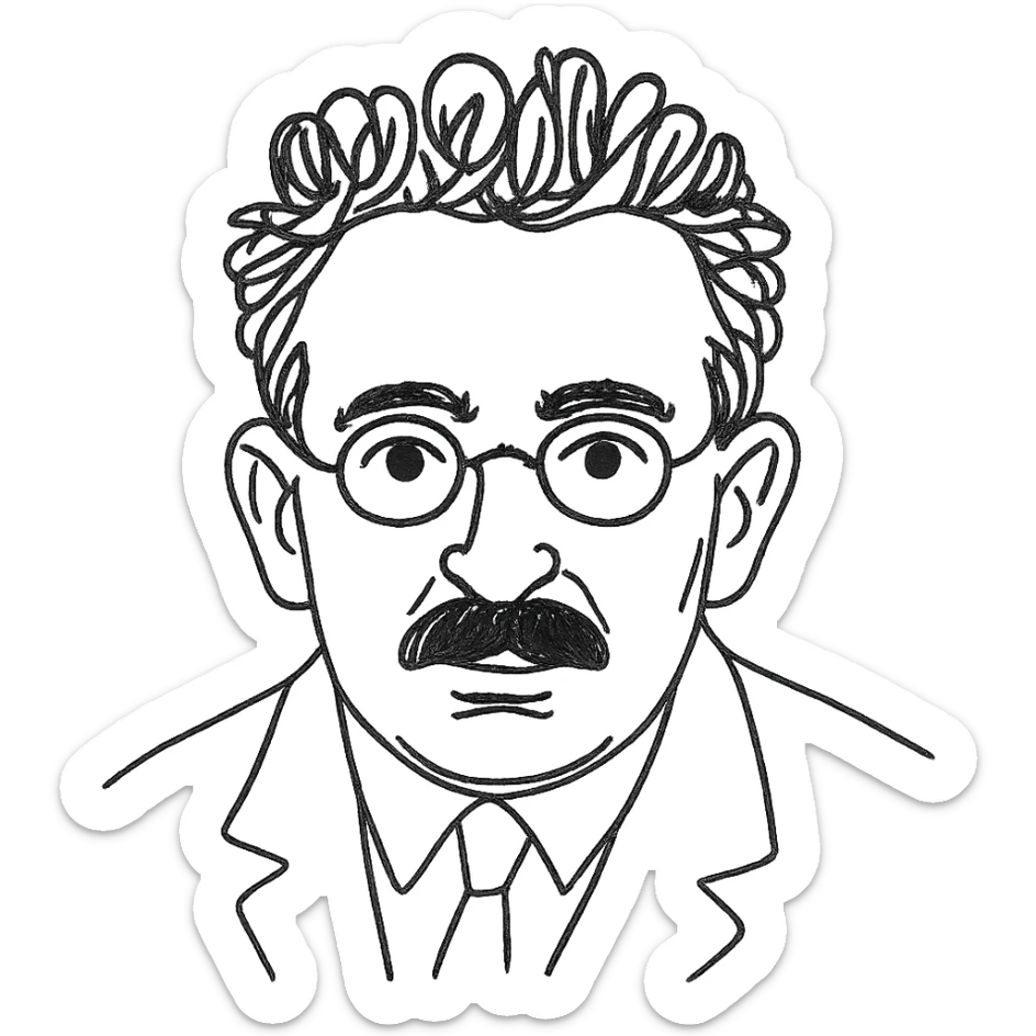 a hand drawn black outline portrait of Walter Benjamin with similar size eyes based a famous photograph of him sticker
