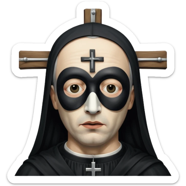 cinematic ultra HD portrait of Joel-Peter Witkin, an American photographer known for his provocative and controversial works, he wears a small black mask with a crucifix over his eyes sticker