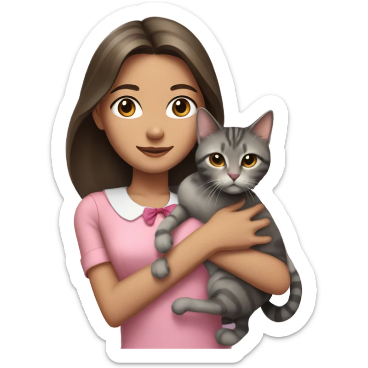 Brunette girl with straight hair in a pink blouse, holding a gray, striped, brown-eyed cat with a bow in her arms sticker