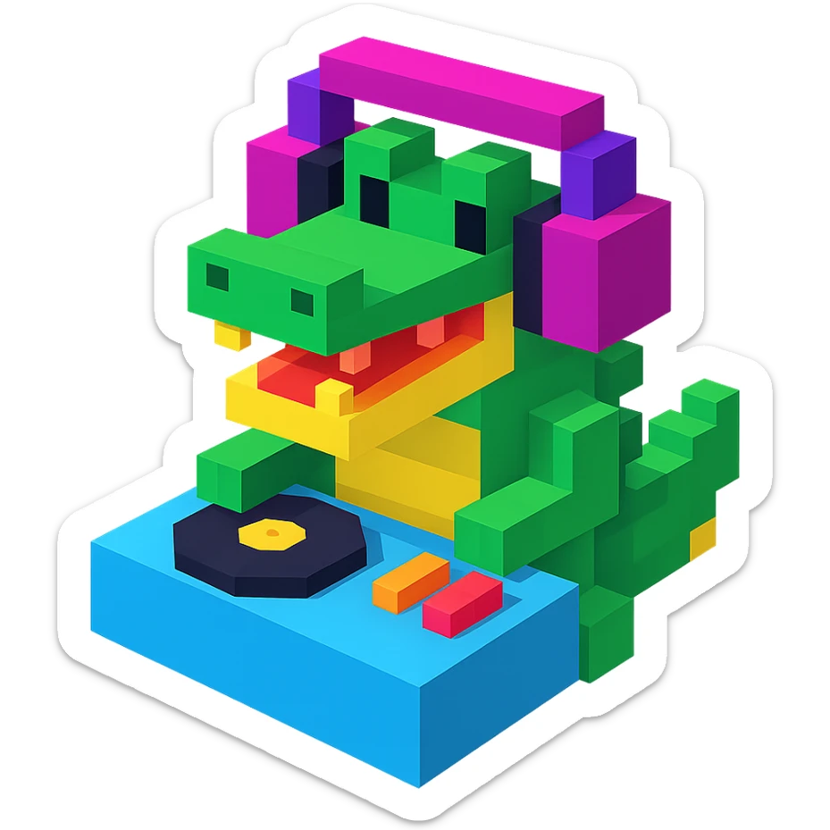 voxel style crocodile DJ with headphones and turntable, isometric view sticker
