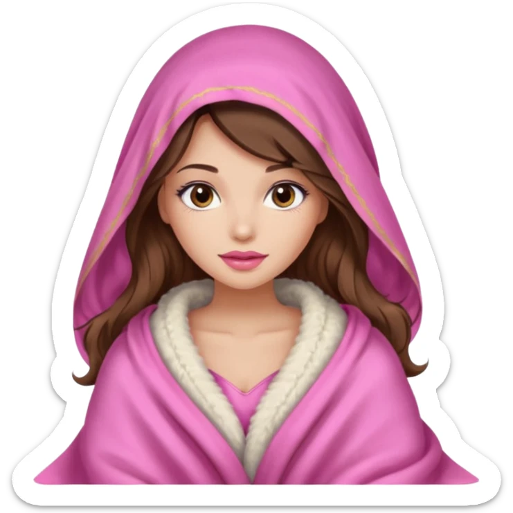girl with long wavy brown hair, brown eyes, long lashes makeup, sexy pink lips, light to medium complexion, wearing a pink sexy silk top, big blanket over the head cozy holding a cat, remove the cat ears on the hood sticker