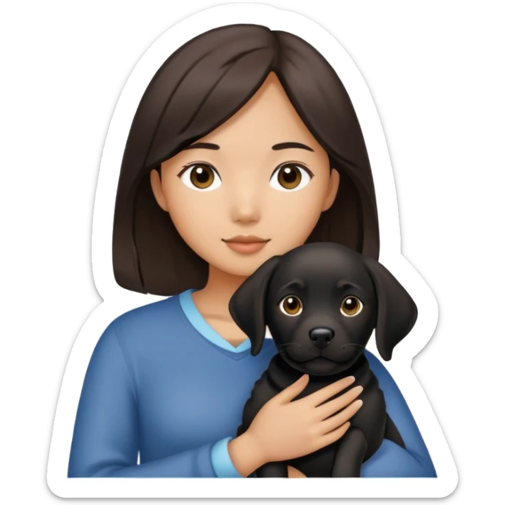 Could you generate a picture of an Asian girl with brunette hair holding a black labrador dog? sticker