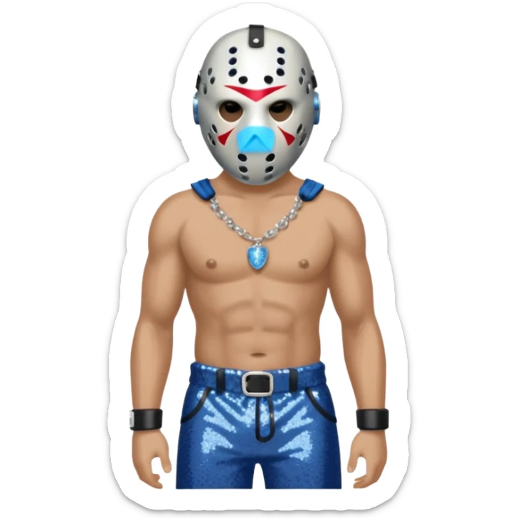 Jason Voorhees with white hockey mask, blue-gray sequin baggy pants, shirtless with necklace sticker