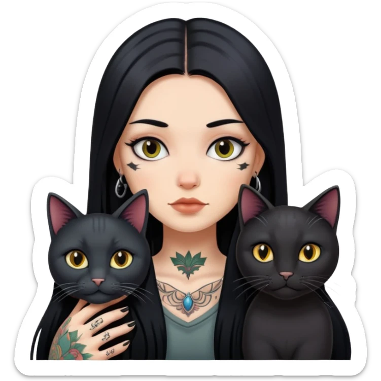 girl with long black  straight hair and tattoos and black cat sticker