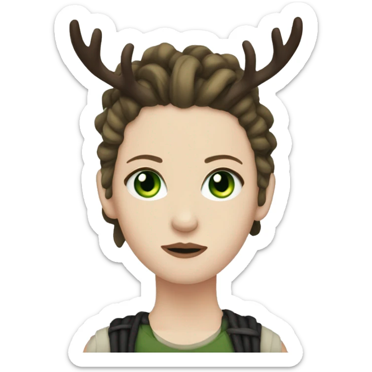 Brunette with pale skin, green eyes, dreadlocks, eyeliner, deer antlers, punk, grunge sticker