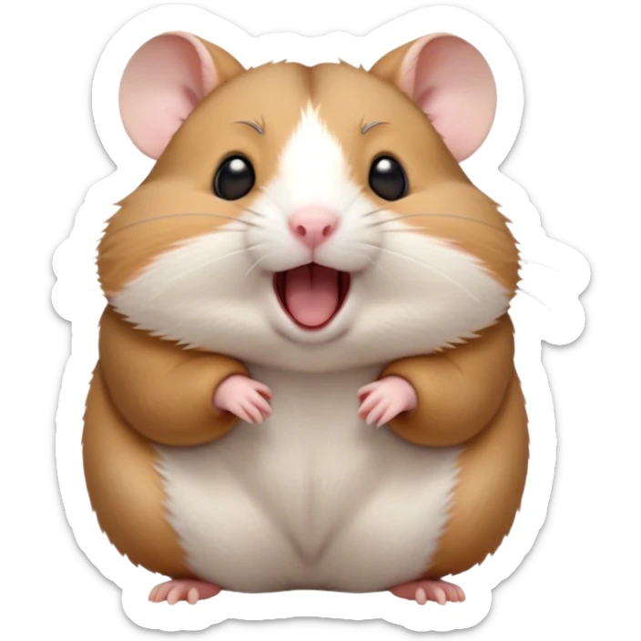 Cinematic Cute Yawning Brown and White Banded Hamster Portrait Emoji, Head tilted slightly with a dramatic, wide-open yawn, revealing a soft, banded fur of brown and white with tiny droopy ears, round dark eyes barely open in drowsy contentment, Simplified yet irresistibly adorable features, highly detailed, glowing with a soft, cozy glow, high shine, relaxed yet expressive, stylized with a touch of whimsy, bright and endearing, soft glowing outline, capturing the essence of a sleepy yet affectionate hamster, so drowsy it feels like it could stretch out of the screen and curl up for a nap! sticker