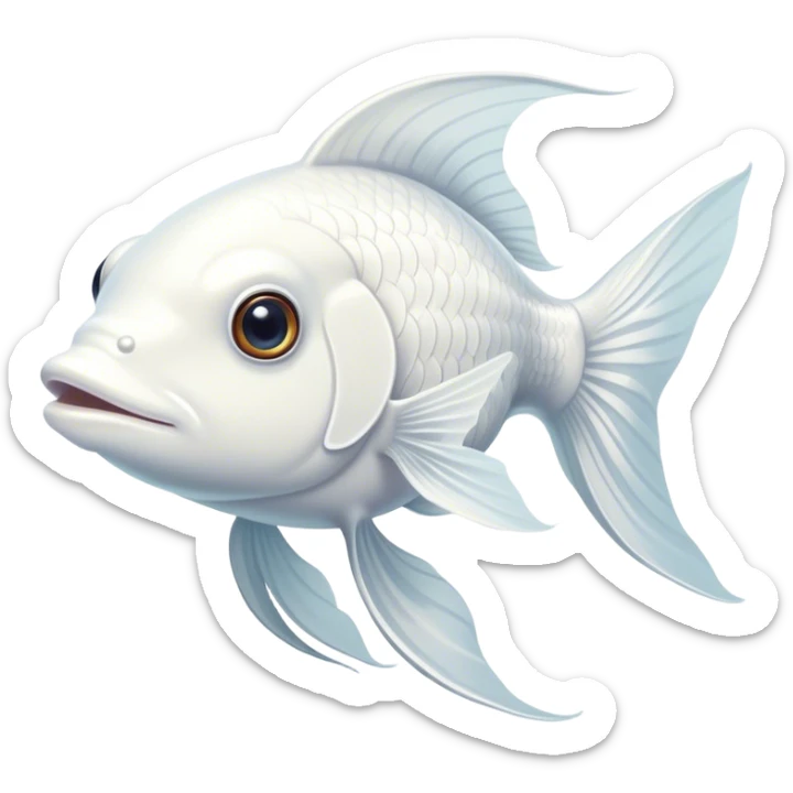 Cinematic Noble White Goldfish Portrait Emoji, Poised and regal, with a sleek, streamlined build and a luminous, pure white body, deep-set soulful pale eyes, Simplified yet sharp and sophisticated features, highly detailed, glowing with a soft, dignified glow, high shine, intelligent and graceful, stylized with an air of aquatic purity, focused and attentive, soft glowing outline, capturing the essence of a watchful and confident aquatic companion, so majestic it feels as though it could glide out of the screen with effortless authority! sticker