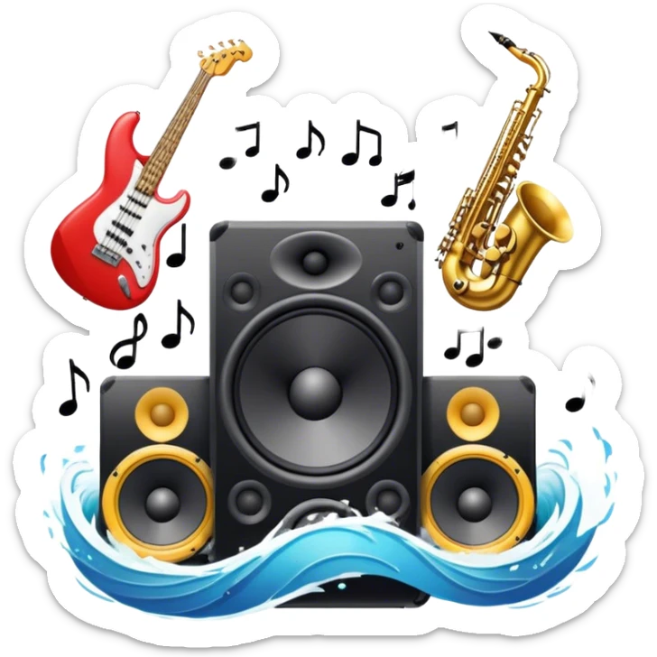 Icon for R&B Music Listening: large concert speakers and headphones with waves of musical notes coming out, along with drums, bass guitar and saxophone. The icon should convey the energetic and rhythmic vibe of R&B music. Transparent background sticker
