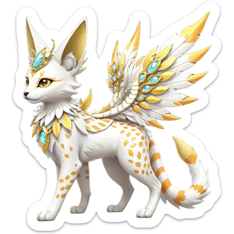 Epic complex fantasy glorious detailed futuristic divine godly angelic feathery sunny, white, albino, pastel, golden, orange glowing sparkly, realistic Fakémon-Sprigatito-Floragato-Meowscarada-Trico-Sergal-Serval-Solgaleo-Vernid-creature (full body) solarpunk, shiny sparkly with a gold laurel sticker