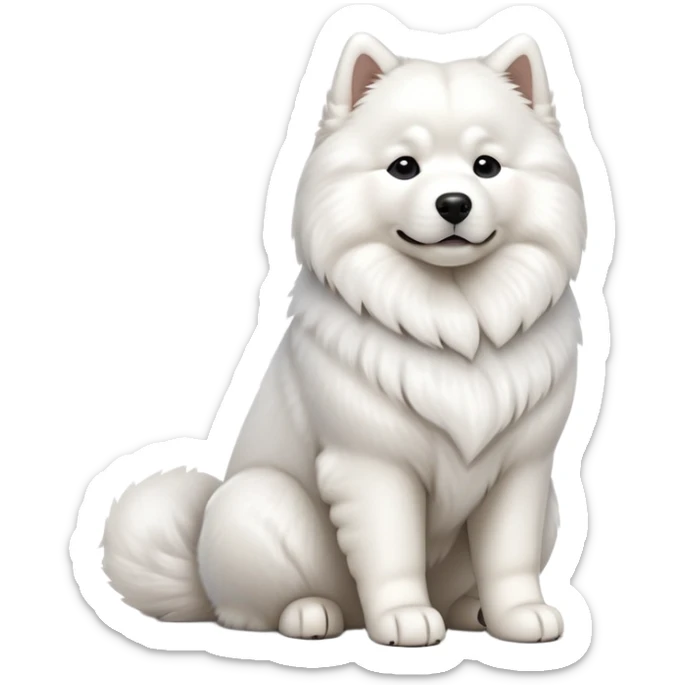 cinematic-[samoyed]-realistic-full-body-sitting-emoji,-tail-resting-loosely-beside-its-paws,-head-tilted-dramatically, -fluffy-[white]-fur,-simplified-yet-realistic-focused-features,-highly-detailed,-glowing-with-an-almost-sarcastic-glow sticker
