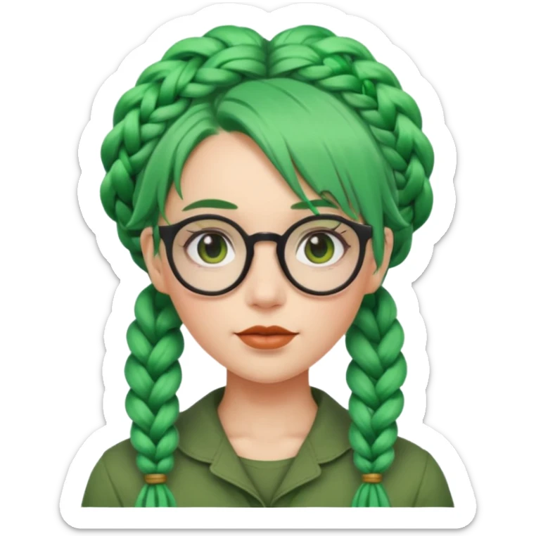 woman with green hairs, braids and spectacle, big visible braids and unique face shape sticker