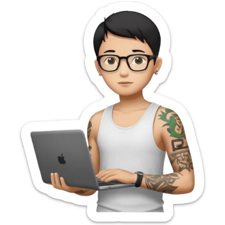 A young boy with A macbook laptop, black straight short hair, wearing glasses, wearing a tanktop, has tattoos, he is asian, no earrings, he's holding a laptop

Add the letters "P I F" floating around sticker