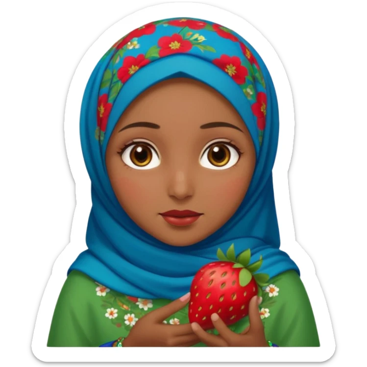 Turkish beautiful finish Konya girl brown eyes with red blue green flowers hijab and brown islamic dress and had on her hand strawberry  sticker