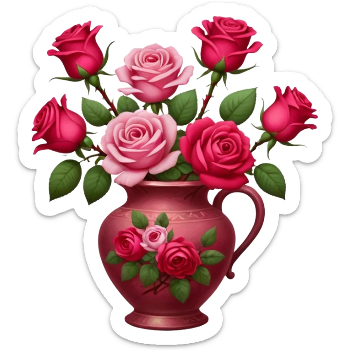 Oil painting of roses in vintage vase, brushstrokes sticker