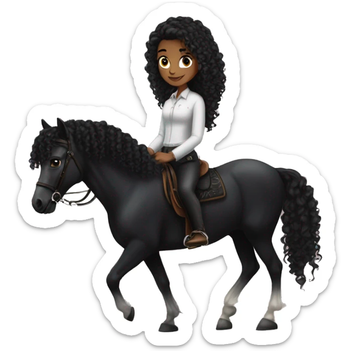 White girl, long black curly hair, next to a black Arabian horse sticker