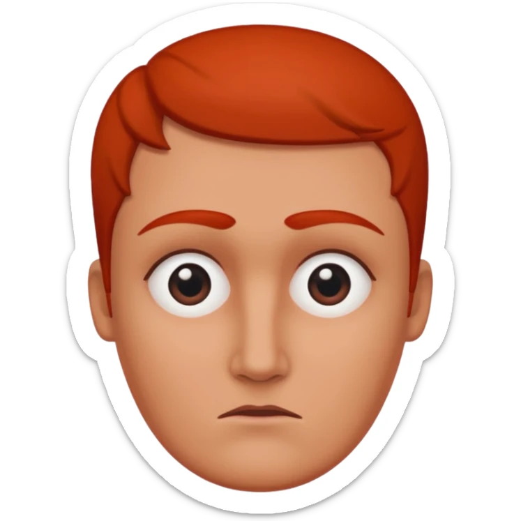 Una figura roja con cabeza cuadrada y cuerpo de rectángulos con cara con dos ojos negros como puntos y cejas preocupadas sin boca y que tenga como una especie de polvo café en la cabeza sticker