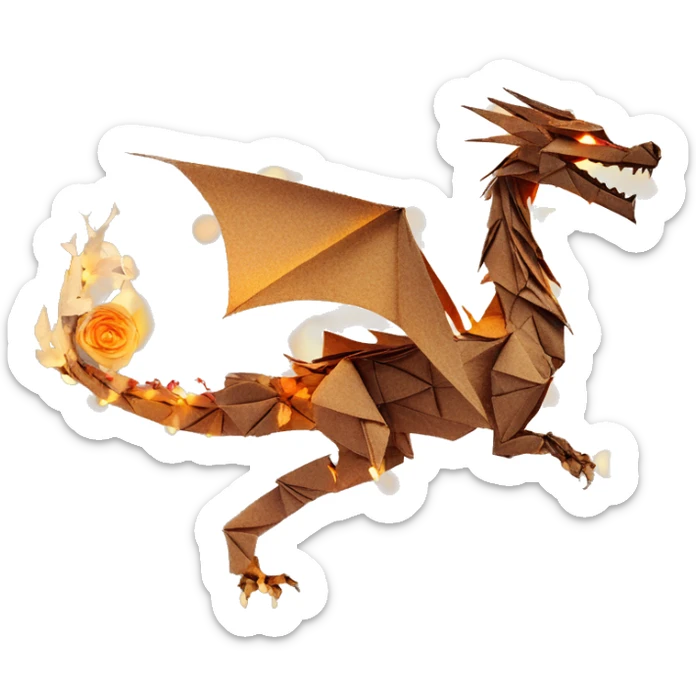 Charred flaming Beige Origami dragon made of newspapers on fire letters on fire burnt paper surrounded by fairy lights swirls covered in dried flowers bokeh floral flowers fire flames sticker