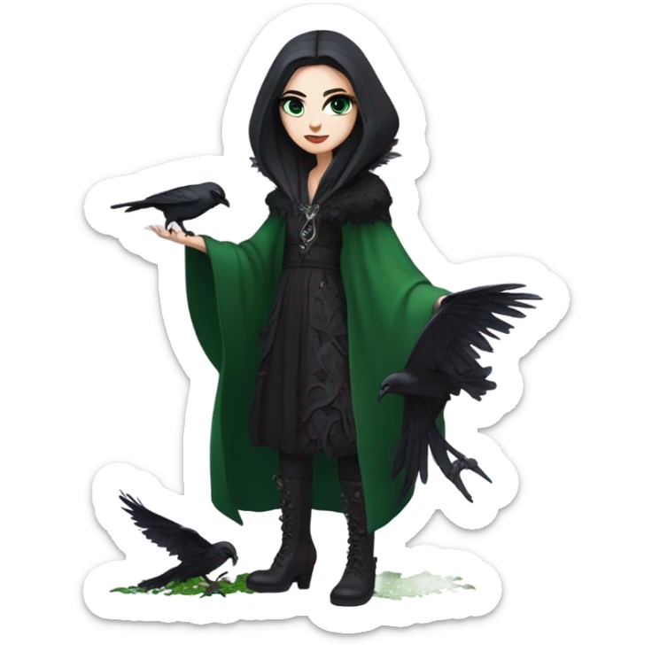 the morrigan goth woman version vines style furr robe stylish boots, perfect eyes, raven on hand, green vines decor on ground sticker