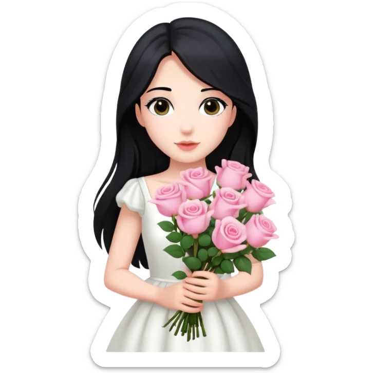 A beautiful girl with long black hair and a white dress is holding a bouquet of pink roses sticker