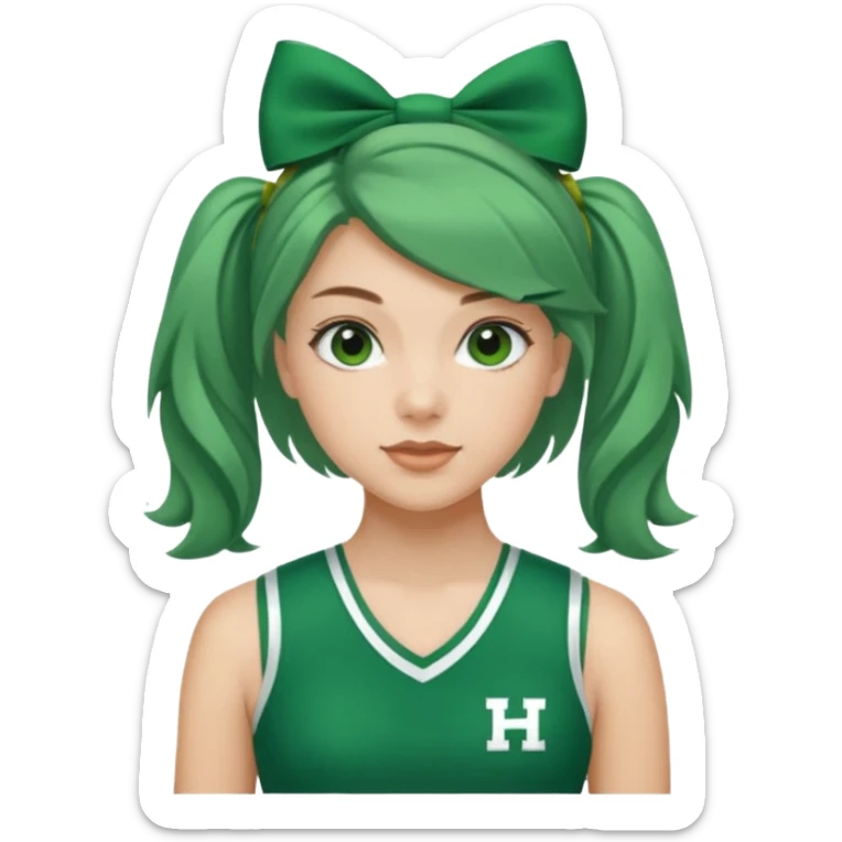 Sydney Taylor with green Hawkins Cheerleader no sleeve uniform, green bow on her hair sticker