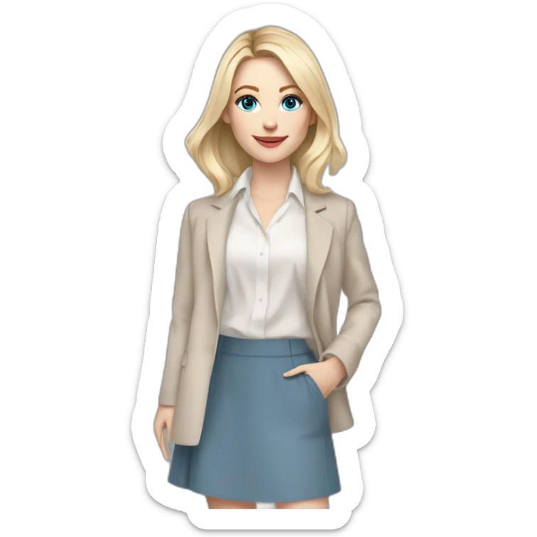 pale skin woman interior designer with cold blonde middle length hair, blue eyes, beige blouse, White oversize jacket, Gray skirt holding a color palette in the hands sticker