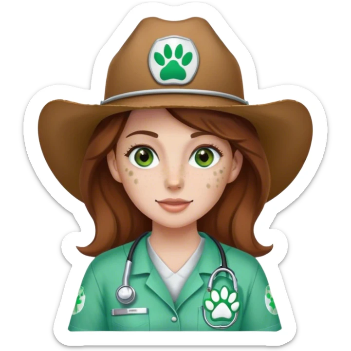 Pale Woman with brown hair and green eyes and freckles on her cheek bones wearing scrubs that have a paw print logo on the scrubs  and a cow girl hat sticker