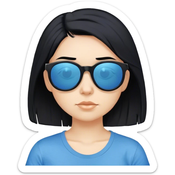 A girl with black bob hair with pony, wearing black sunglasses，funny looks， a blue t-shirt. sticker