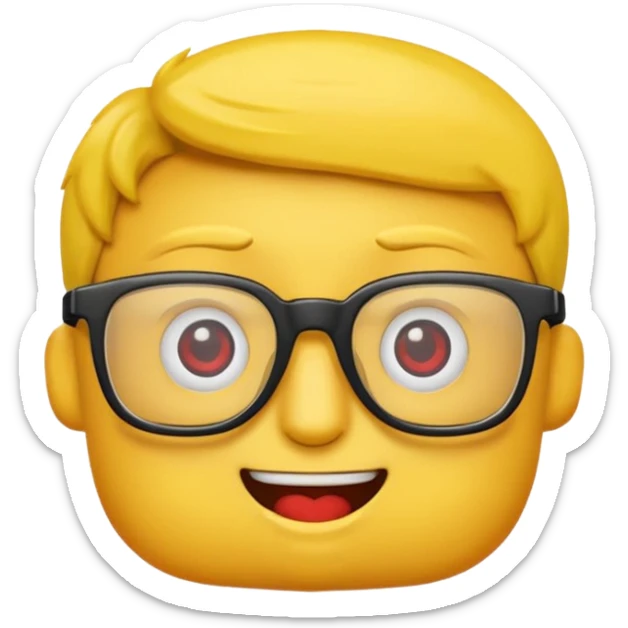 Créer un emoji nerd le perso doit être une tête basique d'emoji jaune avec une grosse paire de lunettes rectangulaires noires 3 boutons sur chaque joue et une dent qui dépasse  sticker