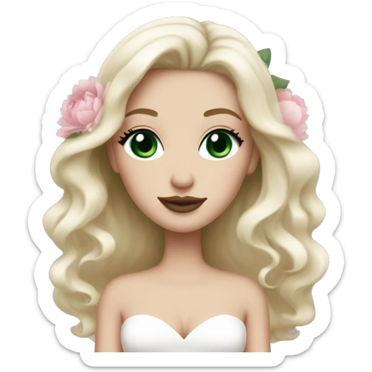White bride with long light blonde hair and dark green eyes with light pink peonies in hair white skin and pink lipstick sticker