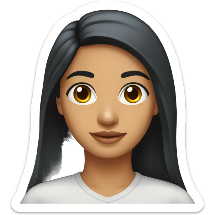 A head and shoulders shot of a 33 year old South Asian woman, with long black hair,   with brown eyes wearing a t-shirt. sticker