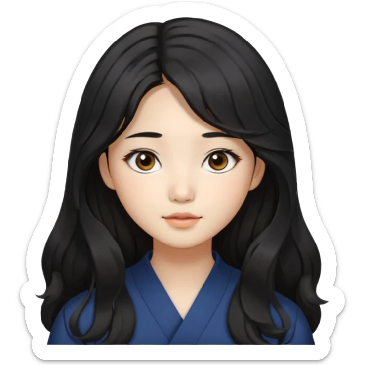 Korean girl with long black hair that is slightly wavy, with a middle part and face framing hairstyle. Asian eyes, brown colored eyes sticker