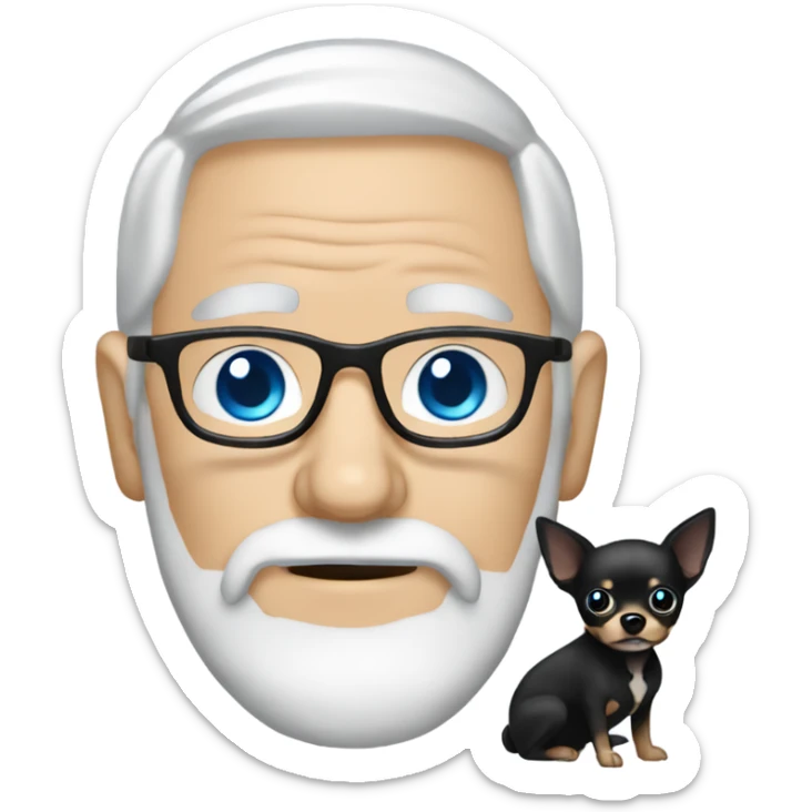 Old man with blue eyes goatee beard ball cap holding black Chihuahua long hair sticker