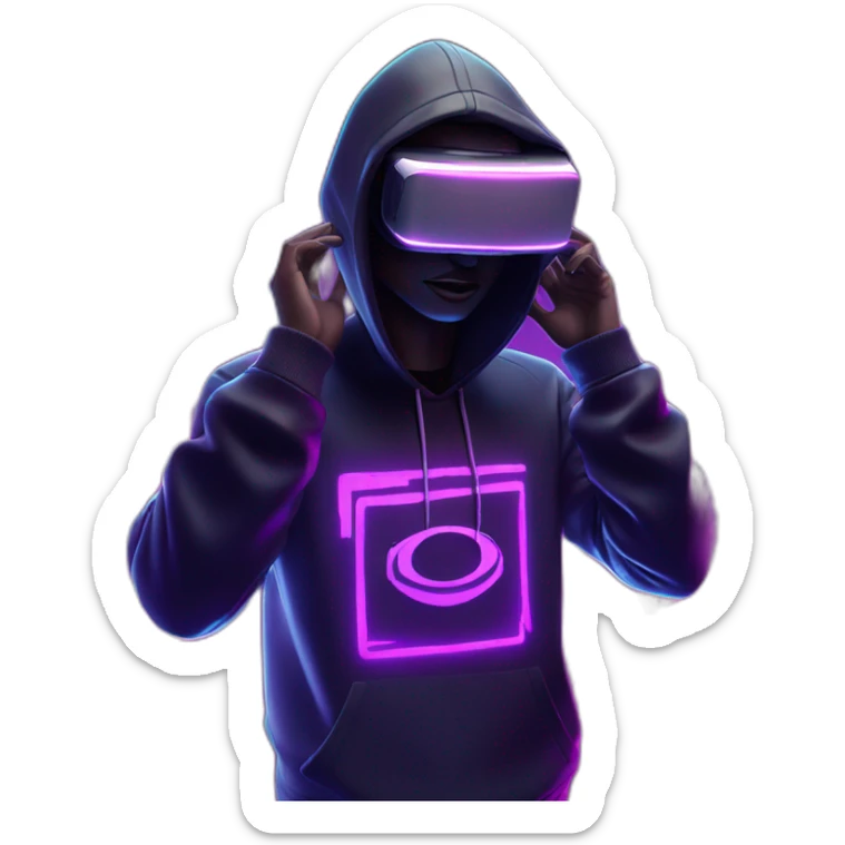 Donald Trump wearing a black hoodie with "OMG" letters on it and VR headset in a cyberpunk VR environment with violet neon lighting. sticker